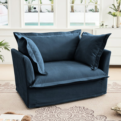 Chenille Fabric Armchair, Blue, Deep Seat , Big Back Cushion Comfy Single With And Toss Pillows, Blue Fabric,