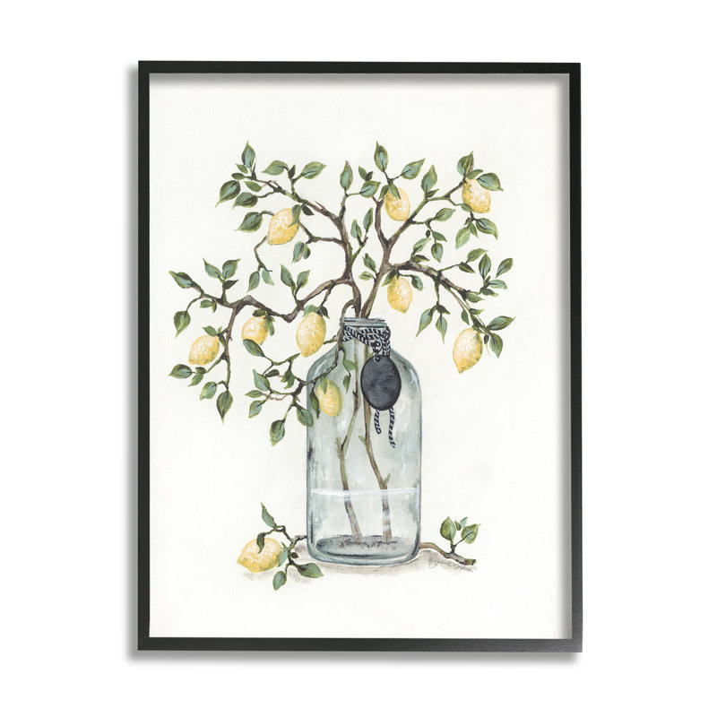 Vase en verre «Dangling Country Lemon Branches» par Julie Norkus - peinture sur toile avec cadre flottant