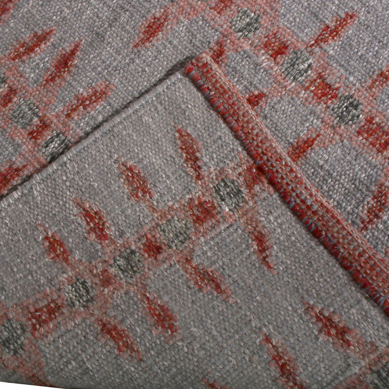Rug & Kilim’S Scandinavian Style Geometric Floral Gray And Red Wool Kilim Rug, Rectangle 12' x 16'