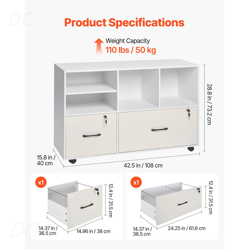 Classeur en bois à 2 tiroirs, classeur mobile avec tablettes ouvertes, rangement à dossiers latéral verrouillable avec tablettes réglables, support pour imprimante autoportant pour école de bureau à domicile, blanc, buffet