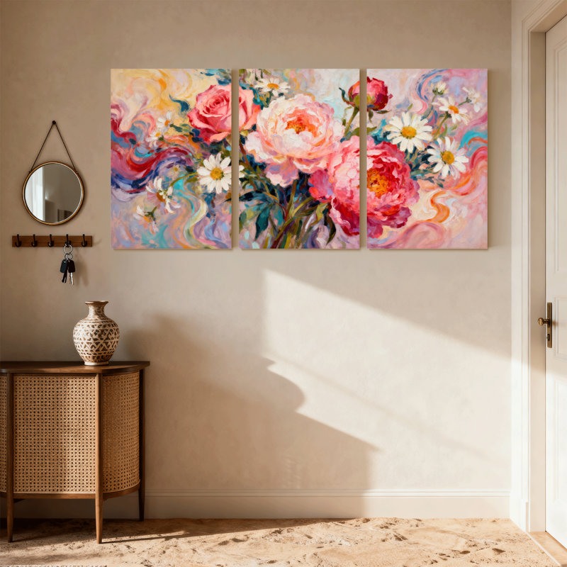 Plantes et fleurs, ensemble de 3 impressions sur toile avec roses et marguerites, H 24 po x l 48 po