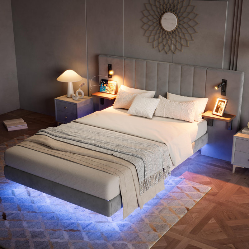 5ft Upholstered Bed With Headboard And 2 Lamps, Grey 