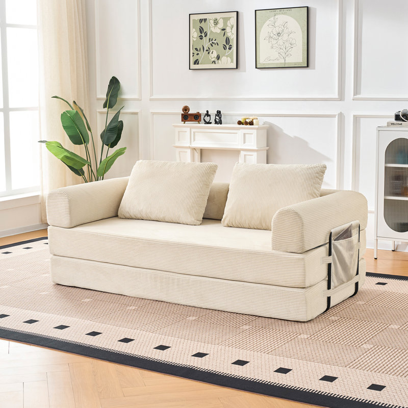 79" Corduroy Floor Sofa Bed, Convertible Sleeper Sofa with Pockets - Beige, Beige