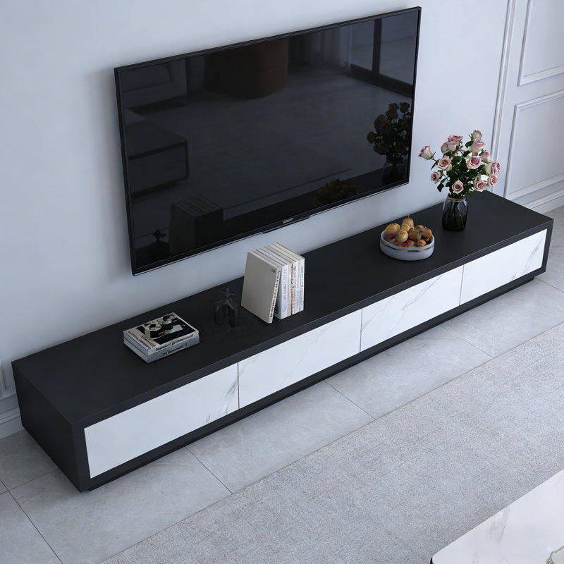 Meuble télé 4 tiroirs Minimalisme, White/Black/Light Grey, 15.74"H x 94.48"L x 15.74"W
