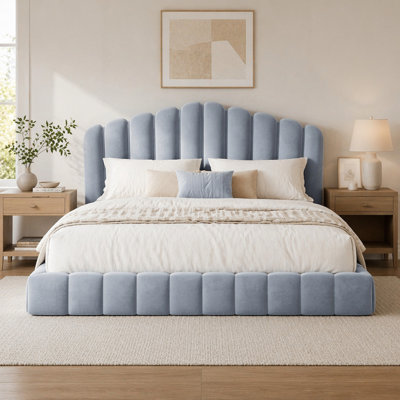 Velvet Upholstered Queen Bed Floor Bed Frame Shell-Shaped Headboard