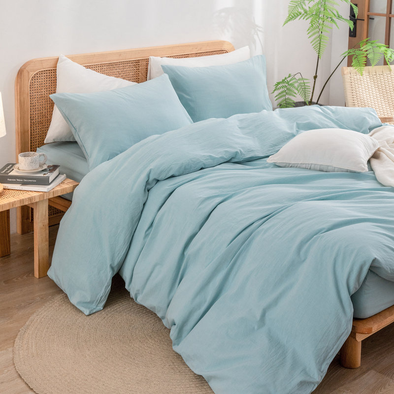 BESTOUCH Duvet Cover Set 100% Washed Cotton Linen Feel Lightweight, Queen Duvet Cover + 2 Standard Pillowcases, Hushed Green