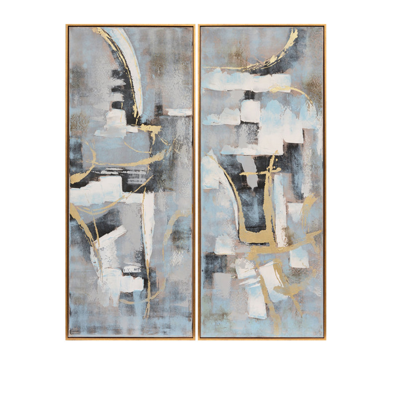 51" x 21" Blue and Gold Abstract Oil Painting on Canvas
