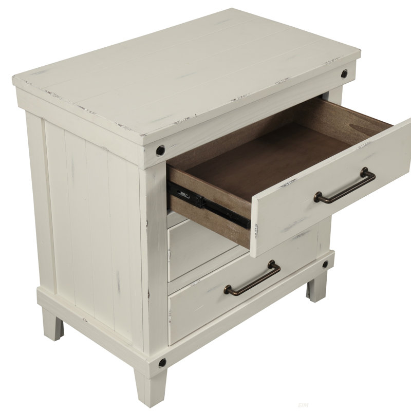 Table de chevet 3 tiroirs, quincaillerie en laiton bruni, blanc
