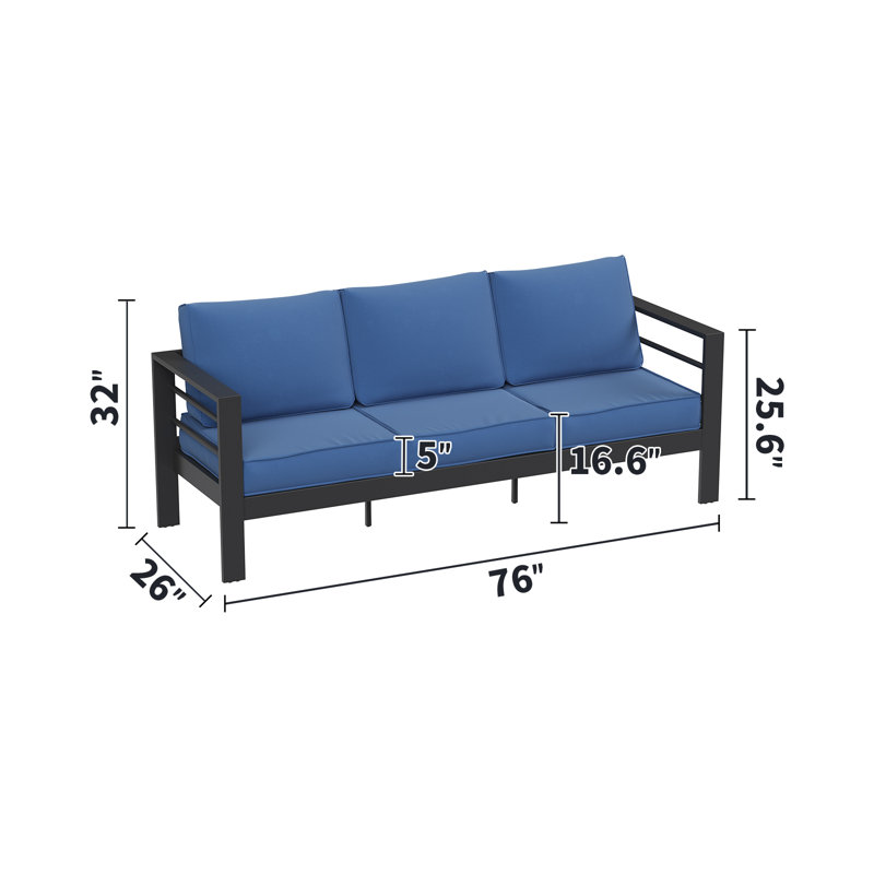 3-Person Outdoor Sofa with Cushions, Blue, Black
