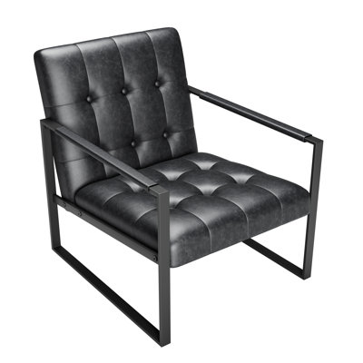 Fauteuil d'appoint industriel en cuir capitonné rétro, fauteuil à structure ouverte en métal, chaise de loisirs capitonnée à boutons rétro pour décor de maison de campagne contemporaine