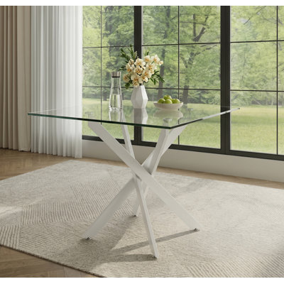 Modern Minimalist Square Tempered Glass Dining Table with Geometric X-Cross Metal Base