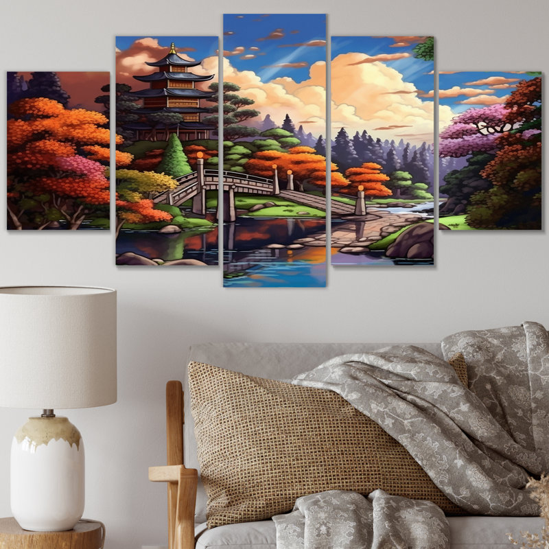 Temple japonais dans un jardin d'automne coloré II - Art asiatique, impression sur art mural - 5 panneaux