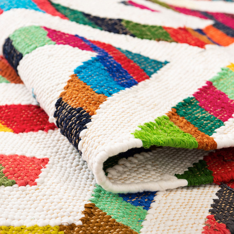 Tapis abstrait en coton fait à la main en ivoire, Rectangle 9 pi x 12 pi