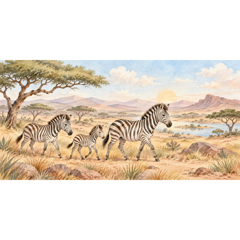 Zebra Family Wallpaper Mural, Peel and Stick Kids Room Wall Mural, Watercolor Safari Nursery Wallpaper, 152 x 102 cm