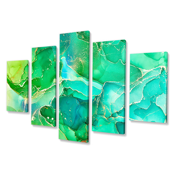 DesignArt Green And Blue Liquid Art On Canvas 5 Pieces Painting | Wayfair