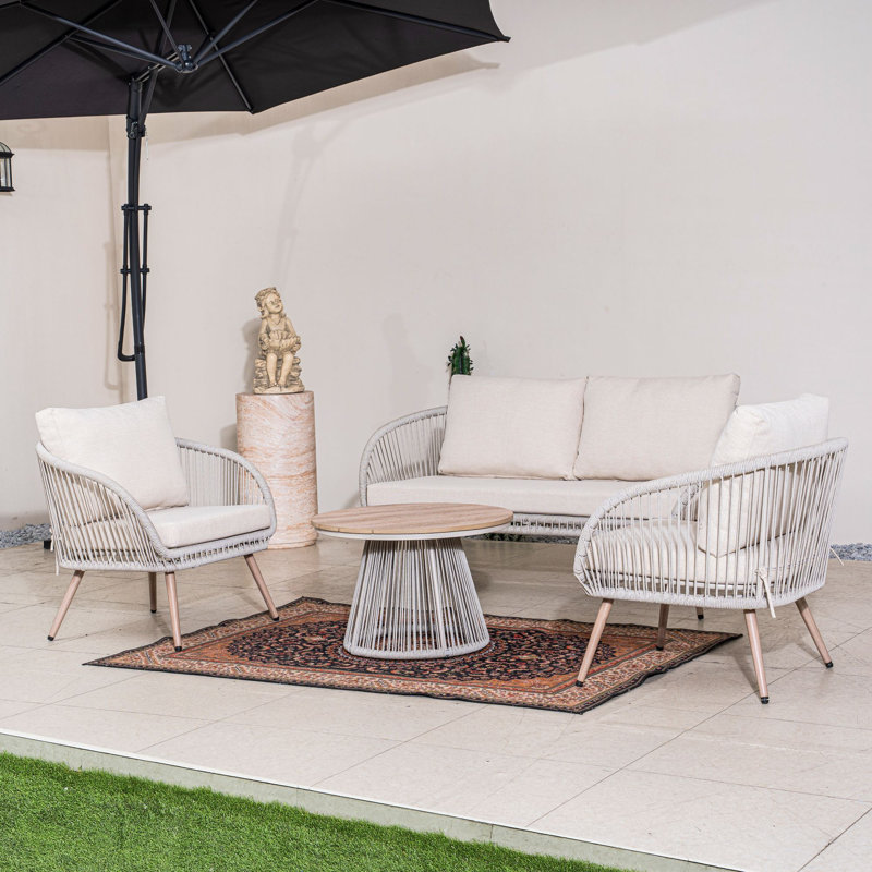 5-piece Modern Outdoor Conversation Set: Sofa + 2 Armchairs + Coffee Table, Pe Rattan & Polywood