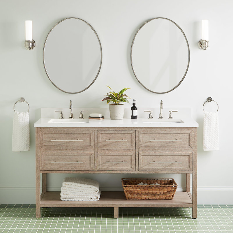 60" Robertson Double Bathroom Vanity Set with Rectangular Undermount Sinks, White, 8" Widespread, Arctic White Quartz
