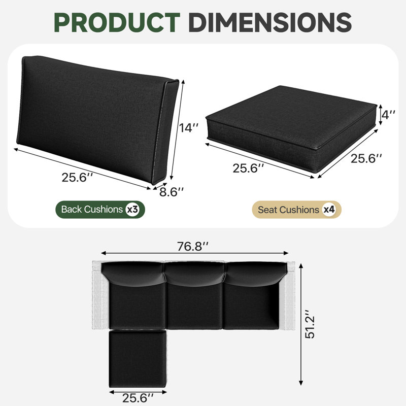 7-pcs Patio Cushion Cover Replacements – 4" Thick Water-repellent For 4-seat Sectional Sofa, Black