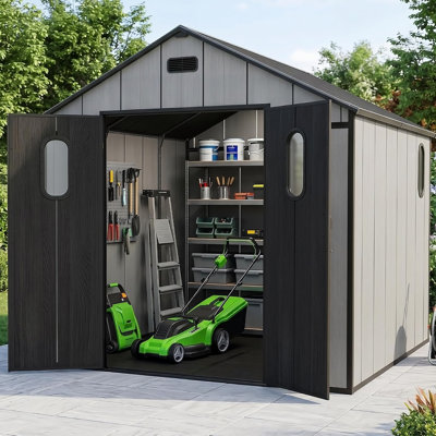 Remise de rangement extérieure en résine 8 po x 8 pi avec plancher, remise de jardin en plastique, bâtiment de rangement extérieur résistant aux intempéries pour les outils, vélo, tondeuse à gazon, patio, cour arrière