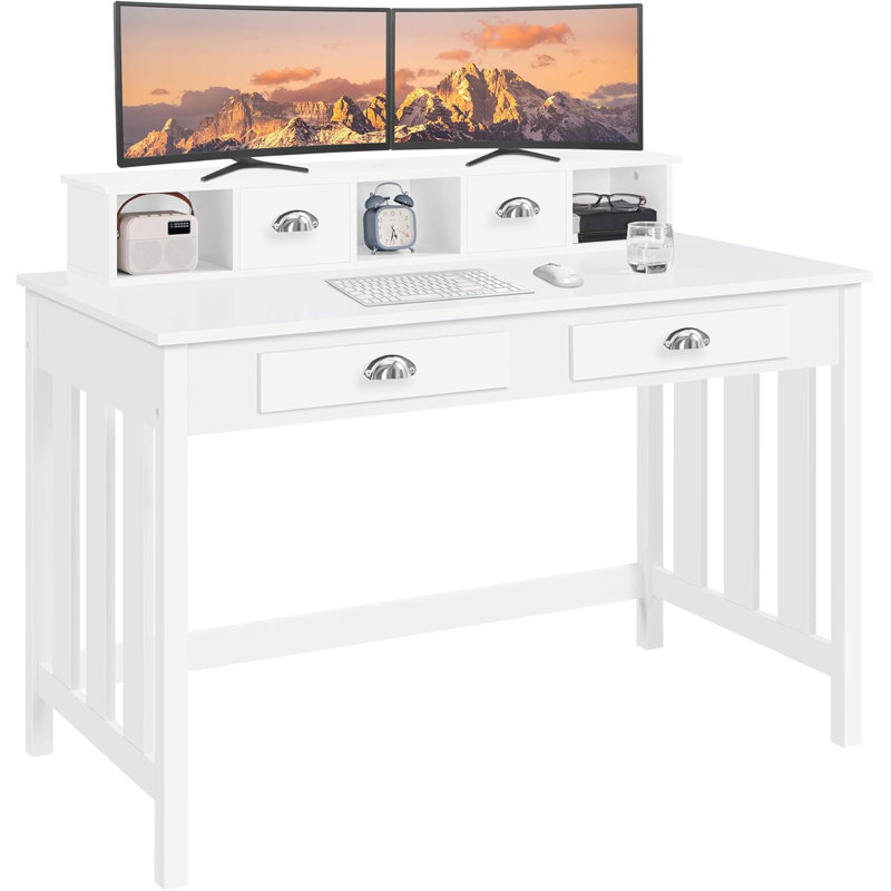 Large Computer Desk, White Home Office Workstation With 4 Storage Drawers, Modern PC Work Table 23 Deep With Monitor Stand For Screen, Wood Stable Executive Table With Large Desktop