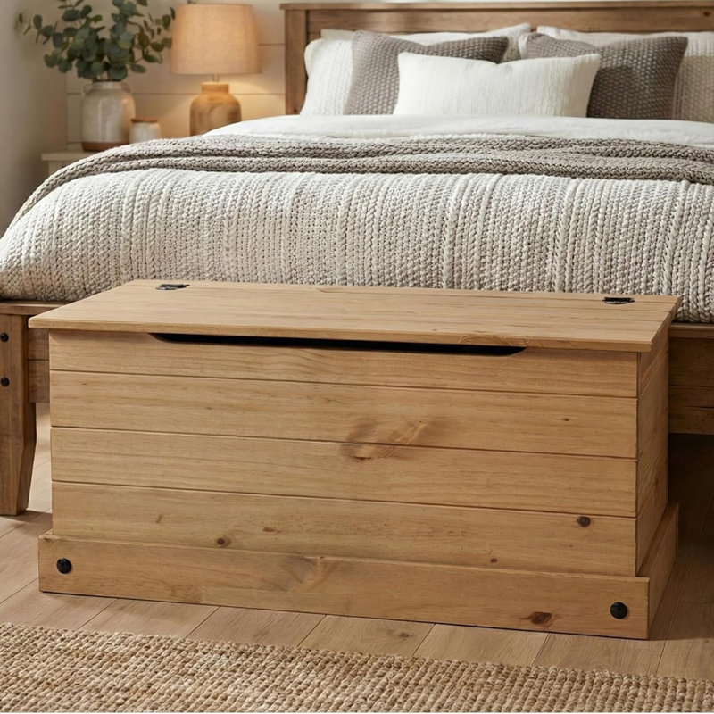 Coffre de rangement en bois naturel avec couvercle et charnières