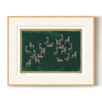 Mod-Ensemble The Deer par ChiChi - impression d'art minimaliste vert foncé avec cerfs | H 24 po x l 32 po | Cadre naturel