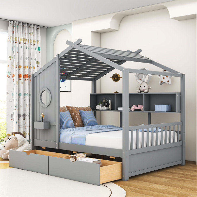 Wood Daybed with 2 Drawers and Shelves, Gray, Full / Double
