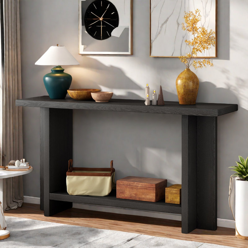 Vintage Console Table With T-leg Design And 2-tier Structure, Black