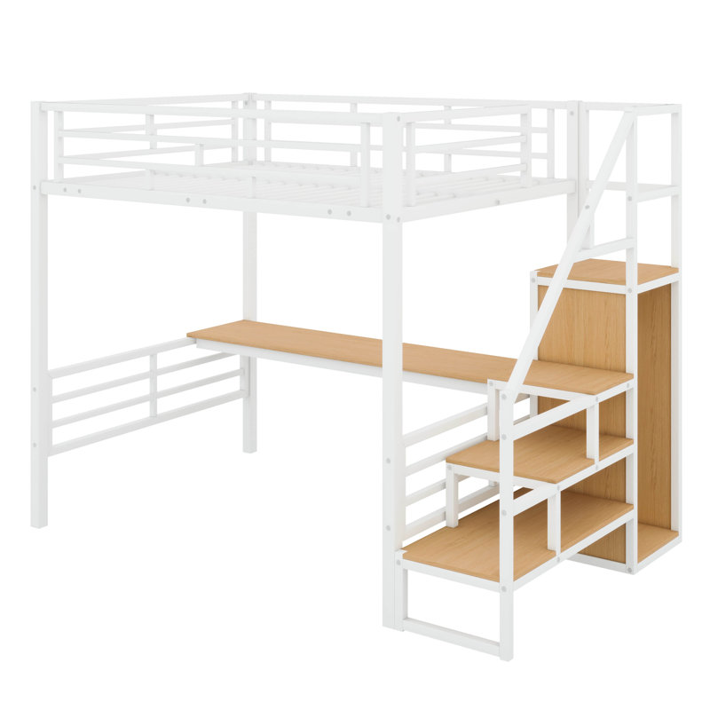  Lit mezzanine double en métal avec bureau Aribella, escalier de rangement et petite armoire, Blanc