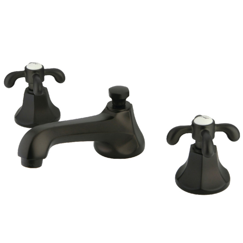 Kingston Brass French Country Two-Handle 3-Hole Deck Mount Widespread Bathroom Faucet with Brass Pop-Up Drain