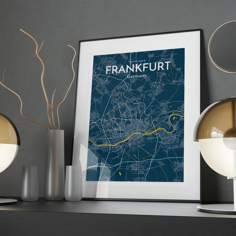 Carte de Francfort, impression graphique contrastée, H 27,6 po x l 19,7 po, Bleu / Jaune