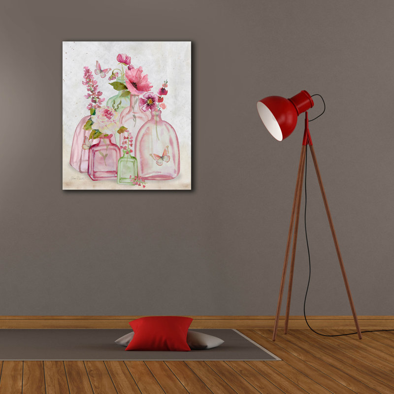  «Pink Bottles A» par Jean Plout, art mural sur toile, H 30 po x l 26 po x P 1,5 po