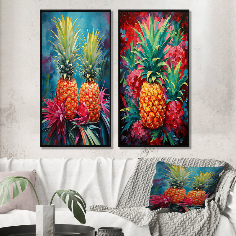 «Tropical Pineapple Oasis», ensemble de 2 reproductions d'art mural ananas, H 32 po x l 33 po, Cadre noir