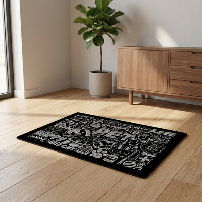 Whimsical Doodle Art Black and White Pet Cat Litter Trapping Mat (15.7'' W x 23.6'' L x 0.3'' H)