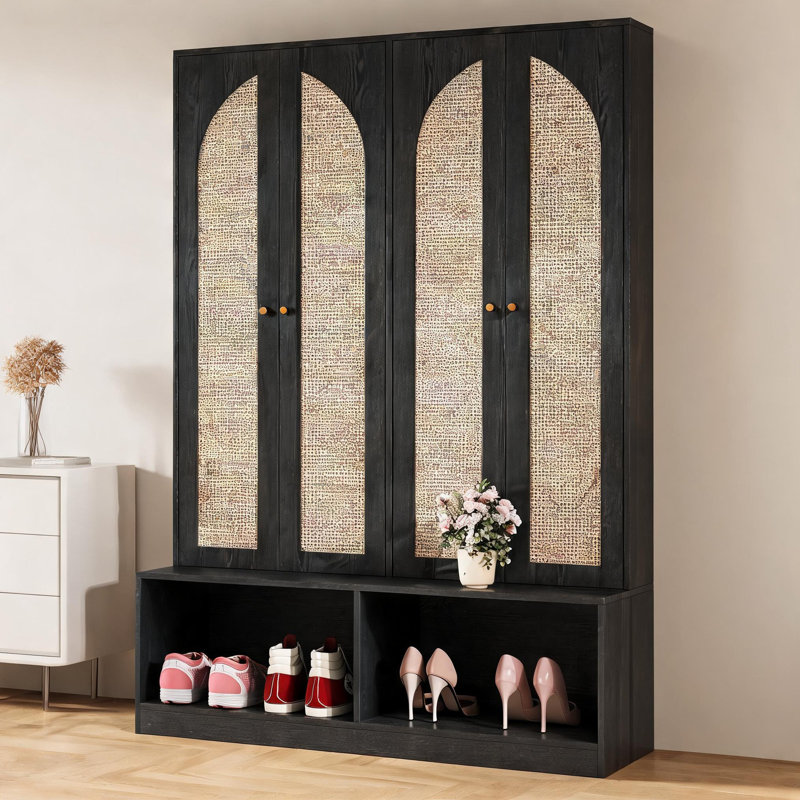 Banc d'entrée et armoire à chaussures de style campagne en MDF de 55,1 pouces de large 4-en-1 autoportant 4-en-1