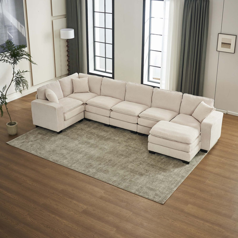 Canapé modulaire moderne en U modulaire à 6 places avec 1 repose-pieds et 3 coussins décoratifs, Velours côtelé blanc