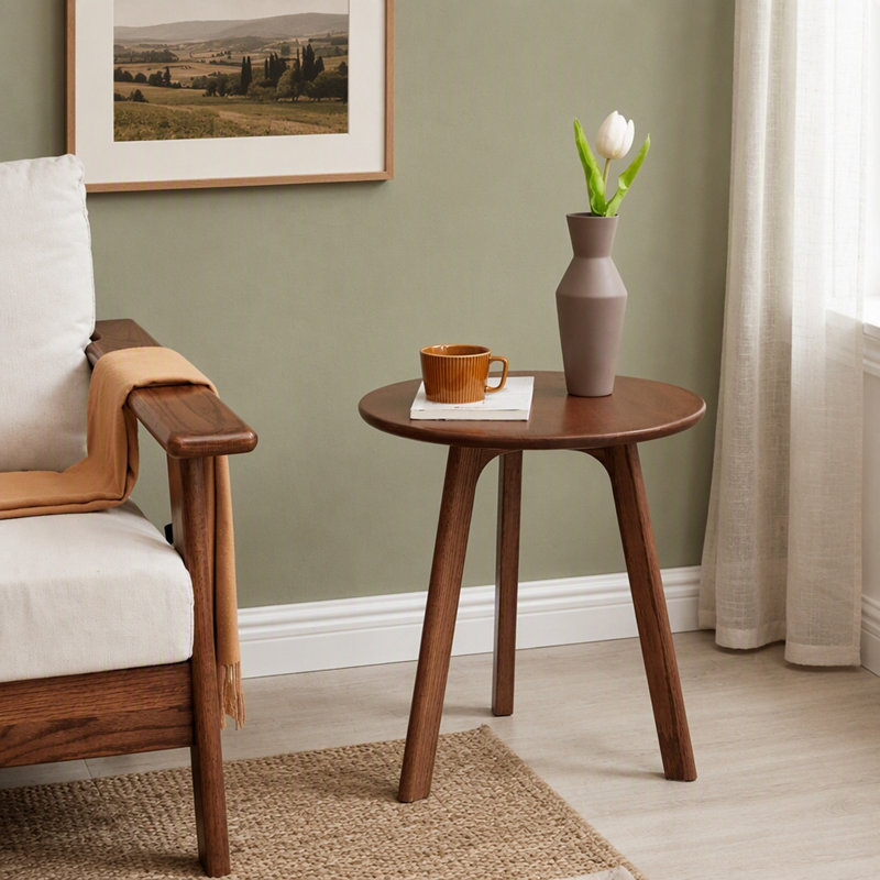 Table de bout ronde en bois de chêne massif 100% naturel pour le salon, la chambre et le balcon, facile à assembler, Noyer