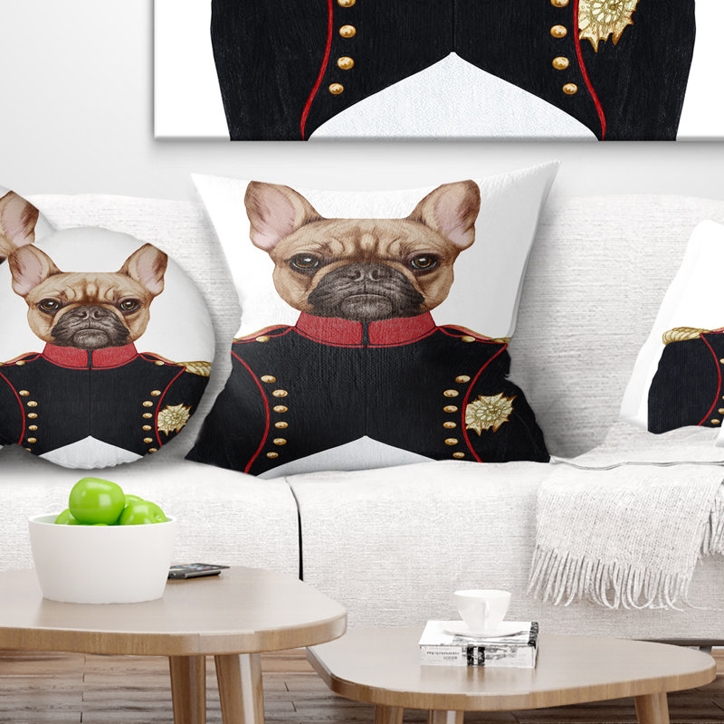 Bouledogue français en uniforme militaire - coussin imprimé animal, 16 po x 1 po, Coussin décoratif