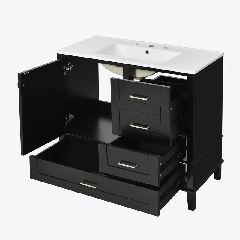36" Bathroom Vanity with Solid Pine Frame, 1 Soft Close Door and 3 Drawers , Modern Storage Cabinet, Black