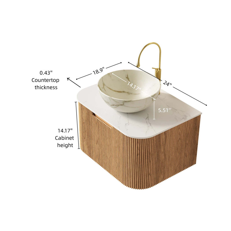 Meuble-lavabo 24 po, meuble-lavabo rayé à bords arrondis avec tiroir, cuve en céramique blanc mat et plateau en pierre frittée blanc de Carrare, pré-assemblé