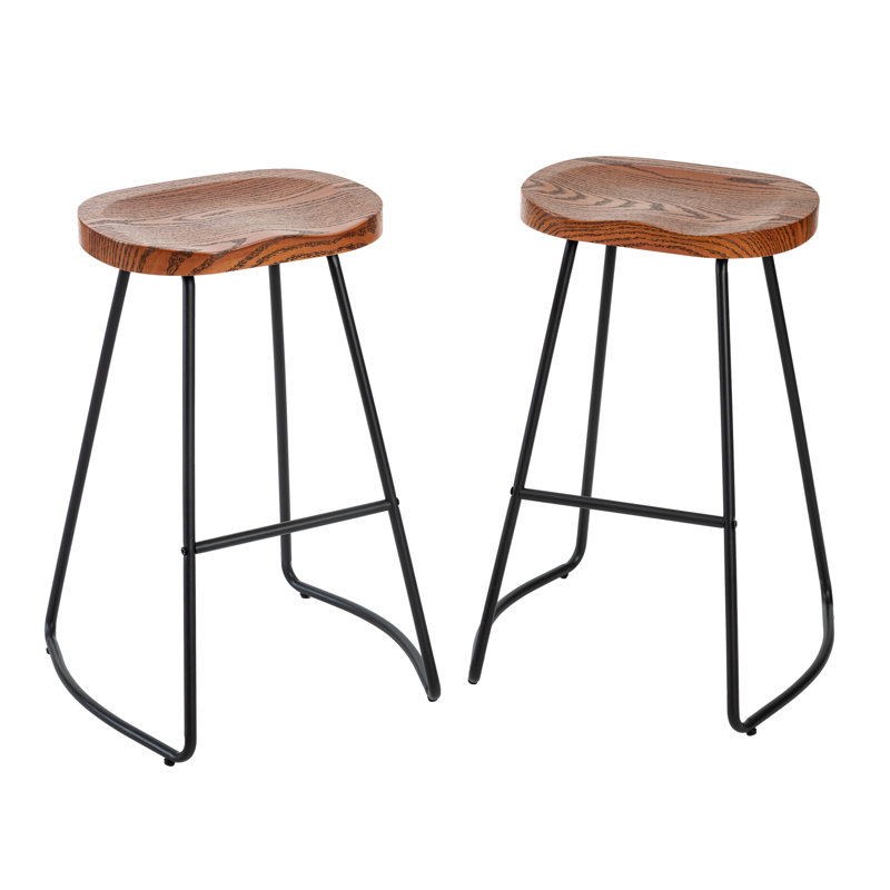 26 Inch Barstool Chair for Kitchen Island, Rustic Saddle, Seat Backless Stools with Metal Leg, Natural