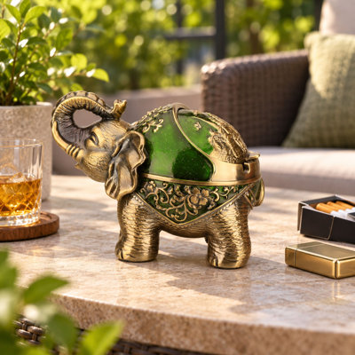 Elephant Metal Ashtray with Lid and 3D Embossed Design for Indoor Outdoor Use