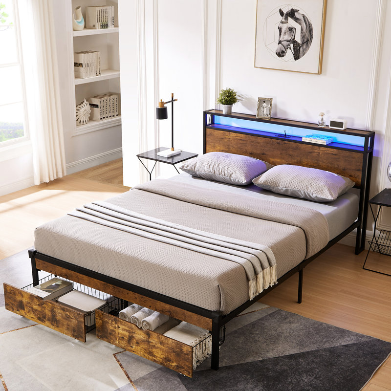 Grand lit plateforme en métal avec tête en bois, point de charge, 2 tiroirs de rangement, lumières à DEL, aucun sommier requis, limite de poids de 600 lb, port pour système d'assemblage facile, capacité, cadre à assembler