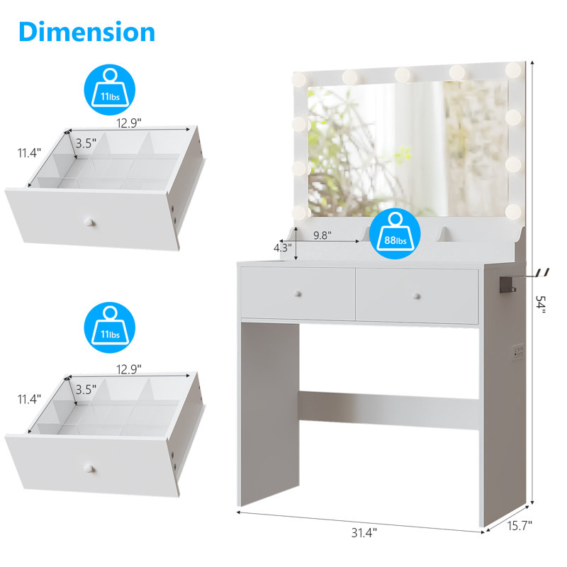 Vanity Desk with 3-Color Lights - Glass Top, 2 Drawers & Power Strip, White