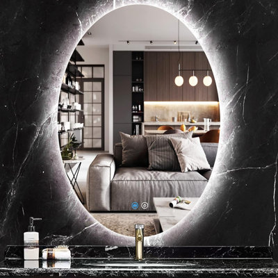 Miroir de salle de bain ovale à DEL 56 x 86 cm (22 x 34 po) - Miroir de courtoisie lumineux sans cadre, rétroéclairé, antibuée, intensité variable, 3 températures de couleur, fonction mémoire
