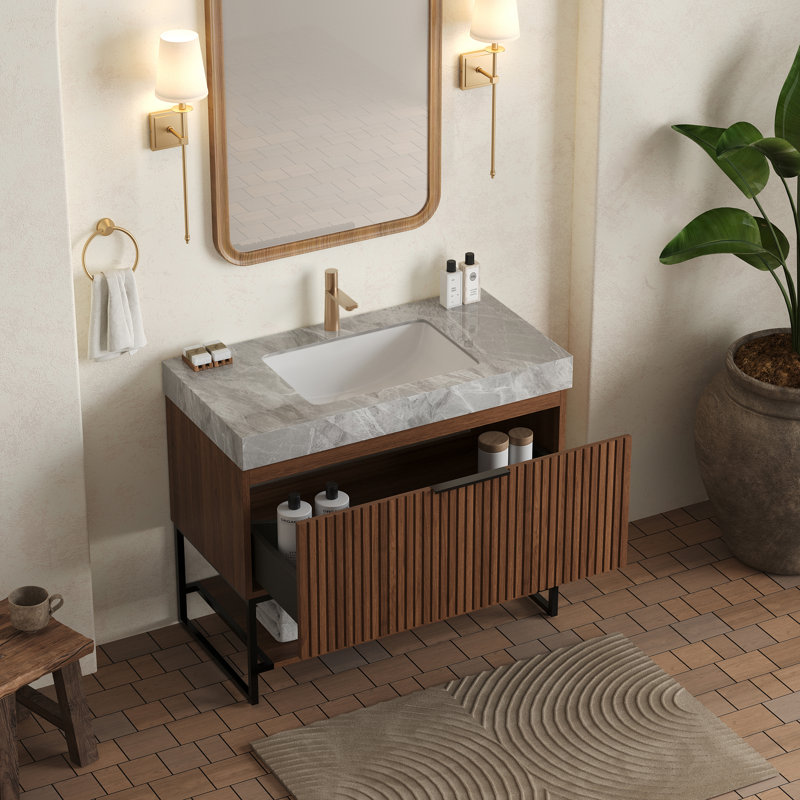 Meuble-lavabo 36 po avec lavabo en céramique Mary, tiroir et tablette Mary, Noyer foncé/noir