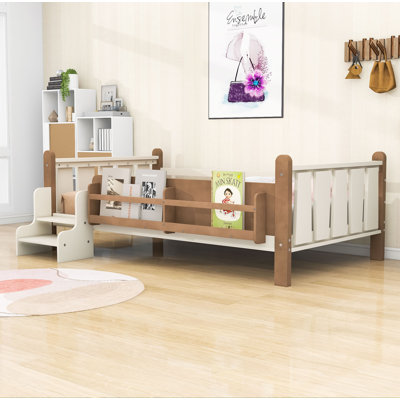 Wooden Platform Bed with Bookcases, Guardrails and Slats