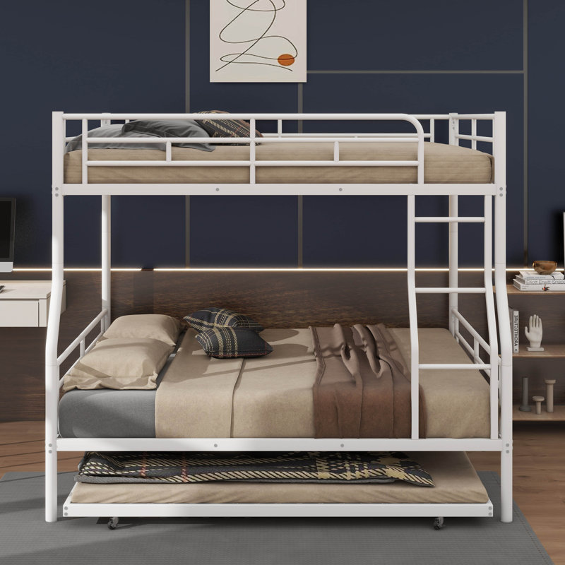 Metal Bunk Bed With Underbed Trundle, Queen, White