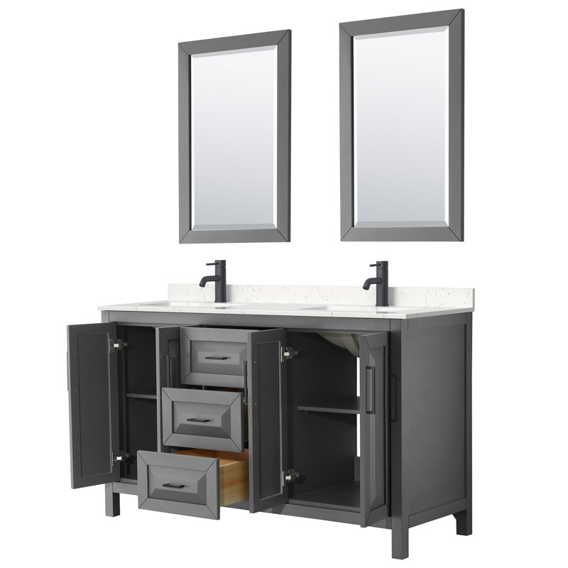 Daria 60'' W Double Vanity, White Cultured Marble, Dark Gray, Matte Black