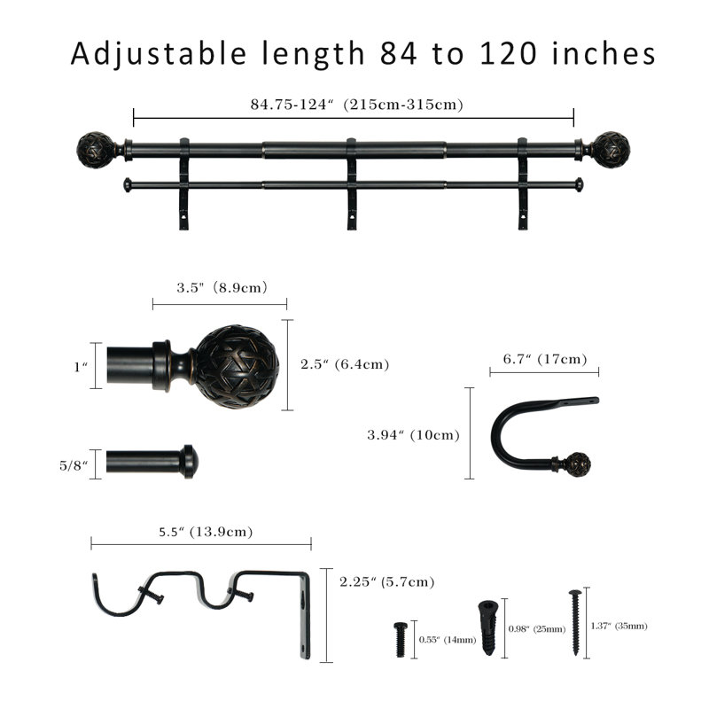 Tringle à rideaux double ajustable Devingo, 84” – 120", Or noir